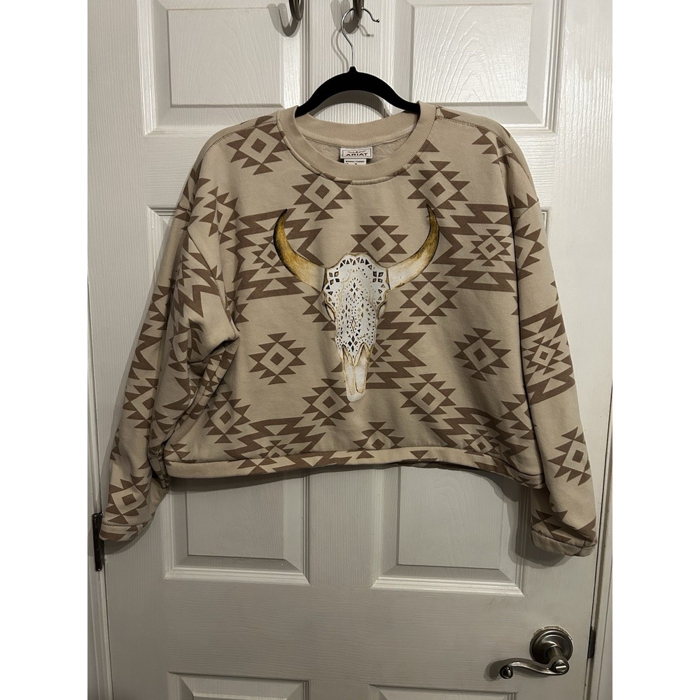 Ariat XL O'Keefe Western Steer Cow Skull Brazilian‎ Sand Pullover Sweatshirt